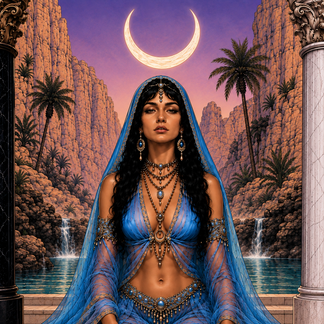 Woman beneath a moonlit sky