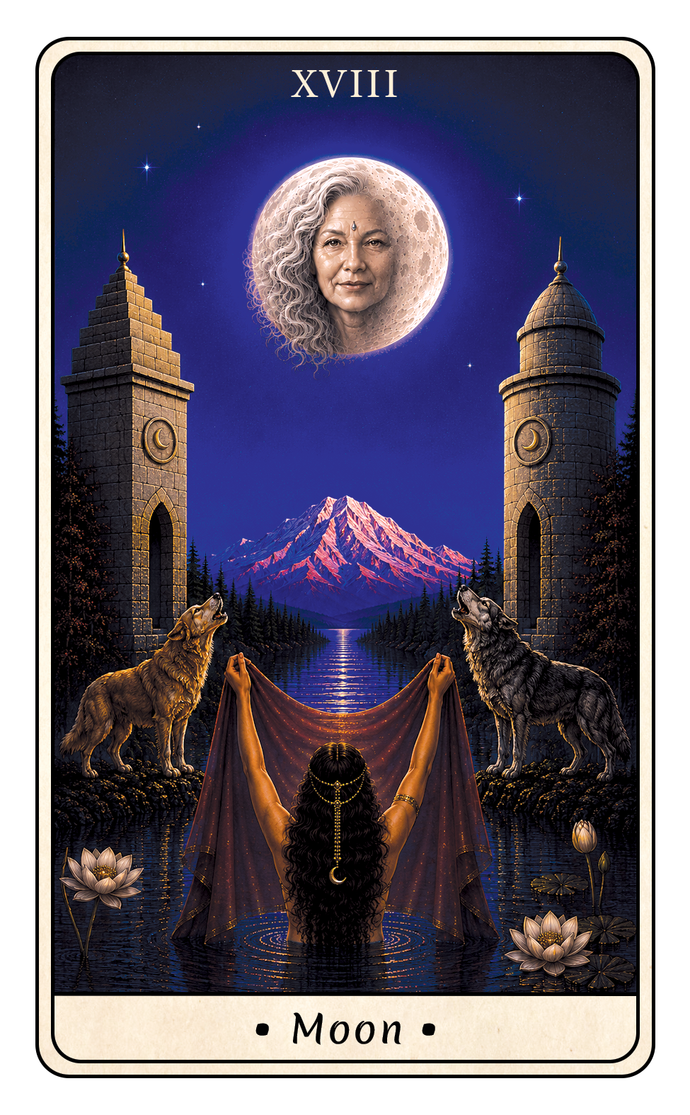 The Moon tarot card, XVIII, from One Fool’s Journey